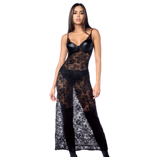 Robe longue sexy en dentelle  cuir avec string et porte-jarretelles 