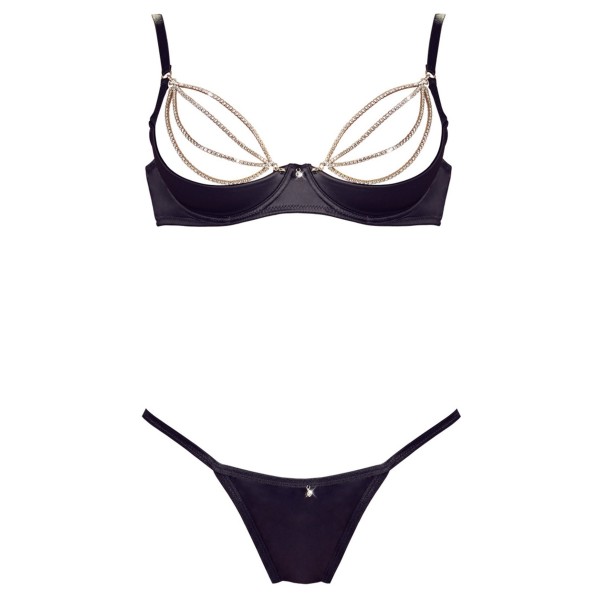 Soutien-gorge sexy demi-seins en satin avec chainette et string 