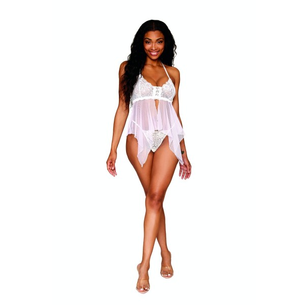 Babydoll et string en résille et dentelle blanche 