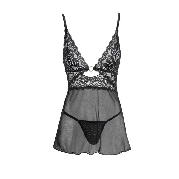 Nuisette noire en dentelle et résille transparente avec string 