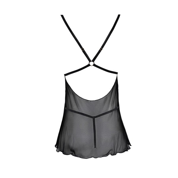 Nuisette noire en dentelle et résille transparente avec string 