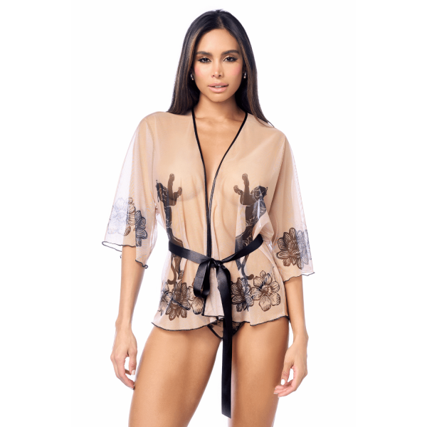 Peignoir sexy en résille imprimée transparente avec string 