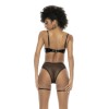 Ensemble 2 pièces, en vinyl et résille noir, soutien gorge seins nus et string avec zip fonctionnel 