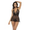 2 en 1 Nuisette et ensemble 2 pièces en dentelle et résille, soutien gorge avec armatures, string et une jupe 