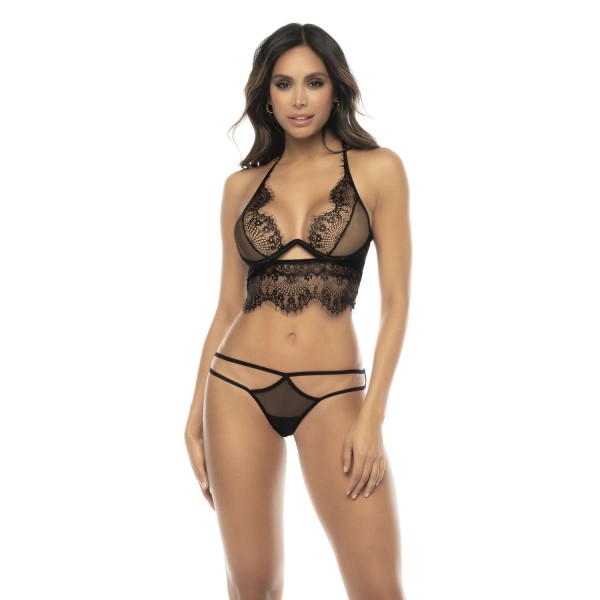 2 en 1 Nuisette et ensemble 2 pièces en dentelle et résille, soutien gorge avec armatures, string et une jupe 