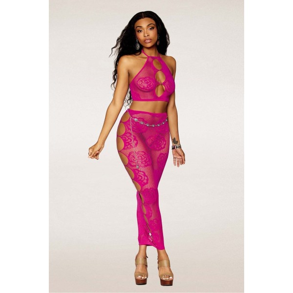 Ensemble Soutien-gorge et jupe longue en filet rose 