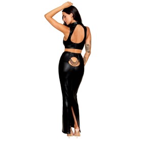 Ensemble Soutien-gorge et jupe longue noir en simili cuir 