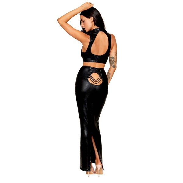 Ensemble Soutien-gorge et jupe longue noir en simili cuir 