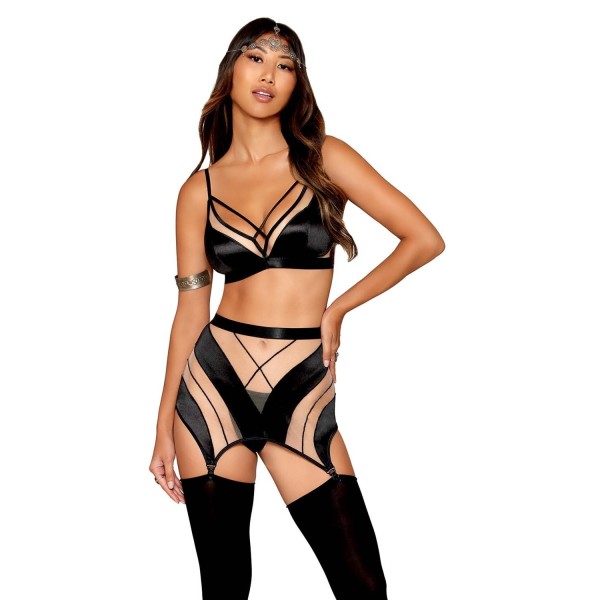 Ensemble Soutien-gorge, jupe porte-jarretelles, string    