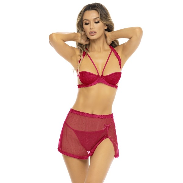 Ensemble 3 pièces rouge, soutien gorge, jupette et string 