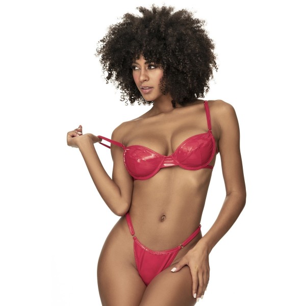 Ensemble lingerie sexy en vinyle rouge avec soutien-gorge et string 