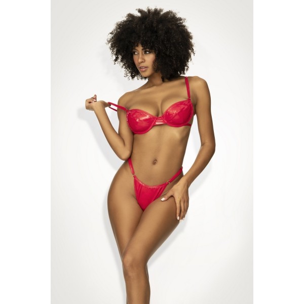 Ensemble lingerie sexy en vinyle rouge avec soutien-gorge et string 