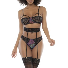 Deux-en-un, nuisette et ensemble trois pièces noir, tissu fleur exotique 