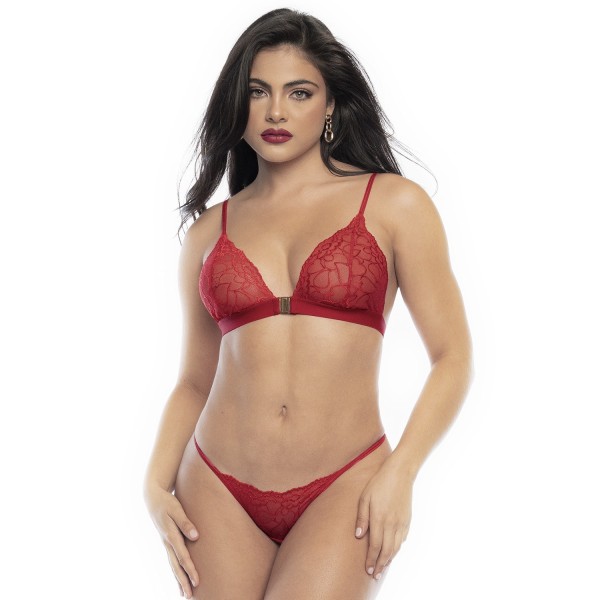 Ensemble lingerie trois pièces en dentelle rouge imprimée de cœurs 