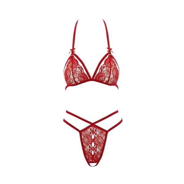 Soutien-gorge en dentelle rouge avec bonnets détachables et string 