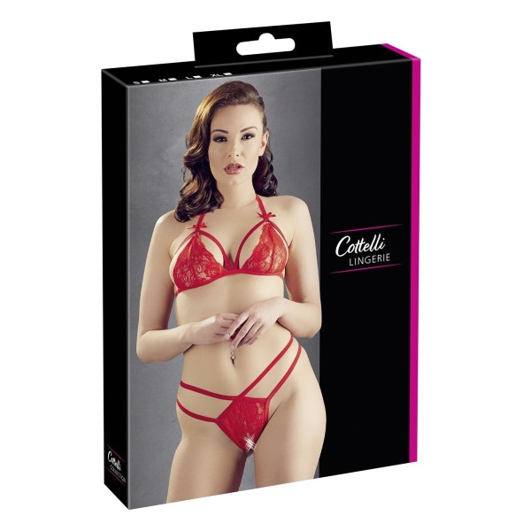 Soutien-gorge en dentelle rouge avec bonnets détachables et string 