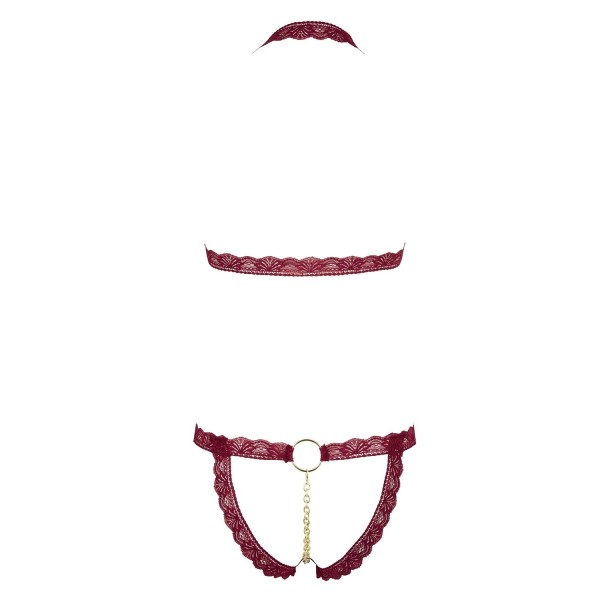 Soutien-gorge ouvert et string rouge à larges bandes sexy 