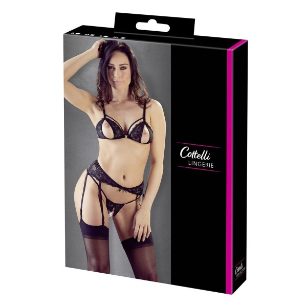 Ensemble trois pièces avec soutien-gorge fendu, porte-jarretelles et string noir 