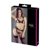 Ensemble trois pièces avec soutien-gorge fendu, porte-jarretelles et string noir 