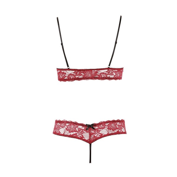 Soutien-gorge, bonnets ouverts, en dentelle rouge et string assorti 