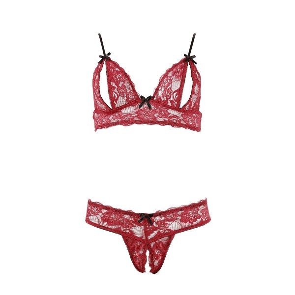 Soutien-gorge, bonnets ouverts, en dentelle rouge et string assorti 