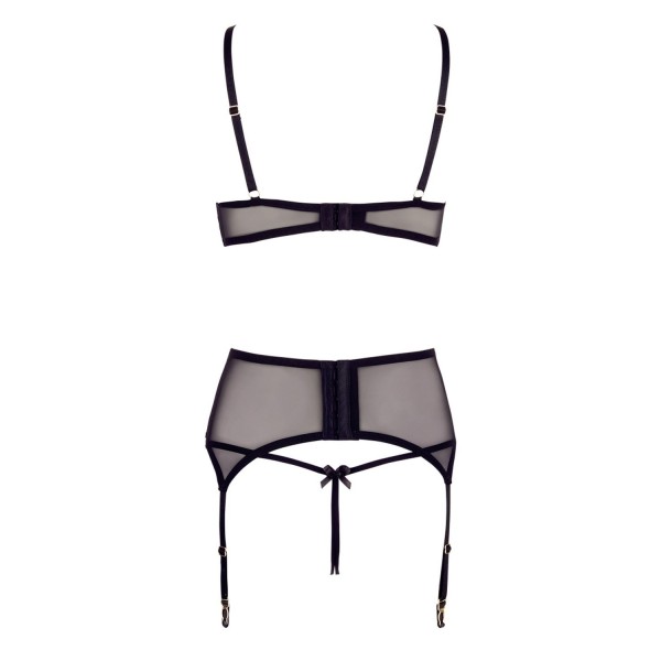 Soutien-gorge dentelle, porte-jarretelles et string ouvert noir 