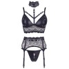 Ensemble soutien-gorge, porte jarretelles et culotte noir sexy 