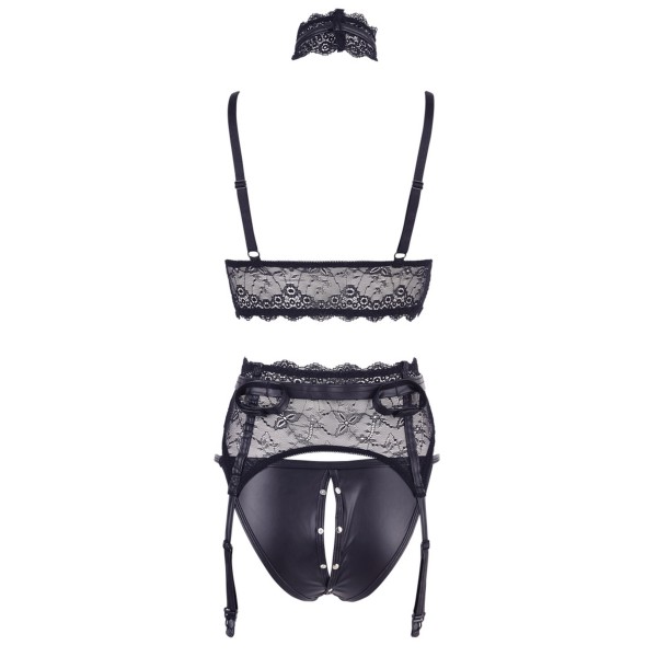 Ensemble soutien-gorge, porte jarretelles et culotte noir sexy 