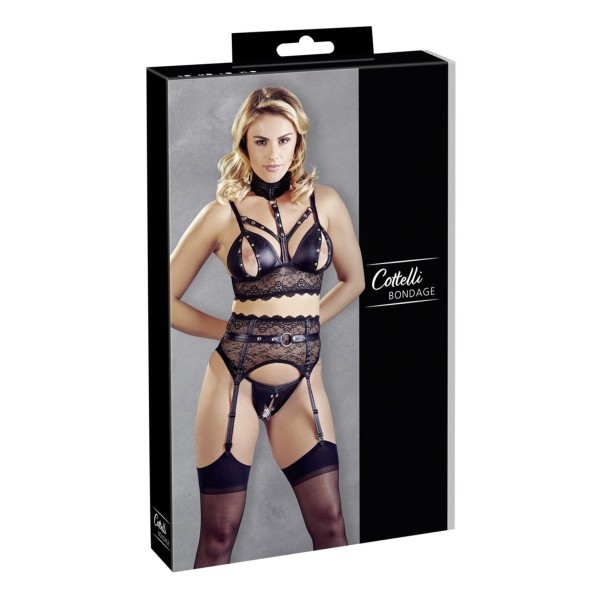 Ensemble soutien-gorge, porte jarretelles et culotte noir sexy 