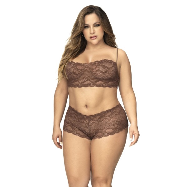 Ensemble 2 pièces en dentelle grande taille, top à bretelles et shorty couleur cacao 