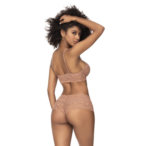Ensemble 2 pièces en dentelle, top à bretelles et shorty couleur taupe 