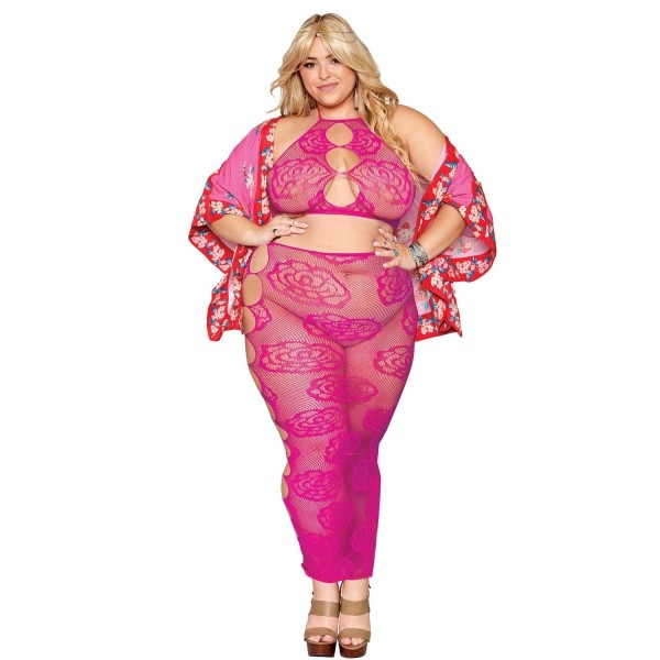 Ensemble Soutien-gorge et jupe longue en filet rose, grande taille 