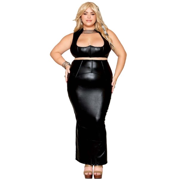 Ensemble Soutien-gorge et jupe longue, grande taille, noir en simili cuir 