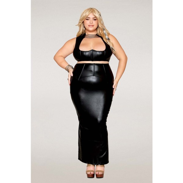 Ensemble Soutien-gorge et jupe longue, grande taille, noir en simili cuir 