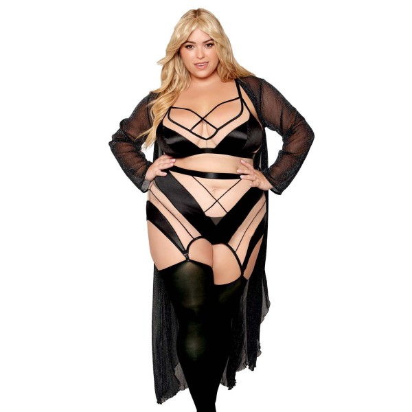 Ensemble grande taille avec Soutien-gorge, jupe porte-jarretelles, string  