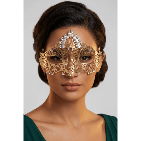 Masque vénitien Gemma rigide doré avec strass Be Lily Accessories