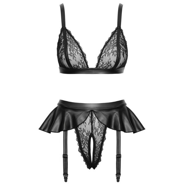 Soutien-gorge et slip fendu à jarretelles noir - Cottelli LINGERIE Cotelli lingerie