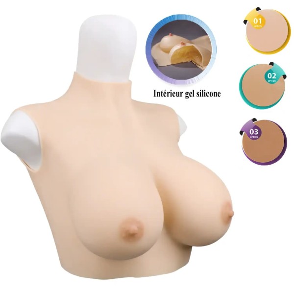 Buste faux seins silicone, col court