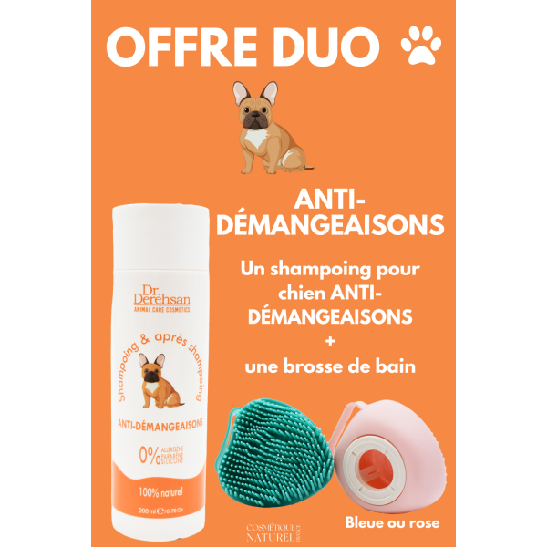 Shampoing pour chien 200ml + brosse de bain - OFFRE DUO - ANTI-DÉMANGEAISONS Dr. Derehsan Animal Care Cosmetics