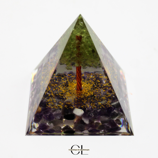 Orgonite pyramide Amethyste et Péridot Arbre de Vie Lithothérapie