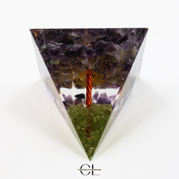 Orgonite pyramide Amethyste et Péridot Arbre de Vie Lithothérapie