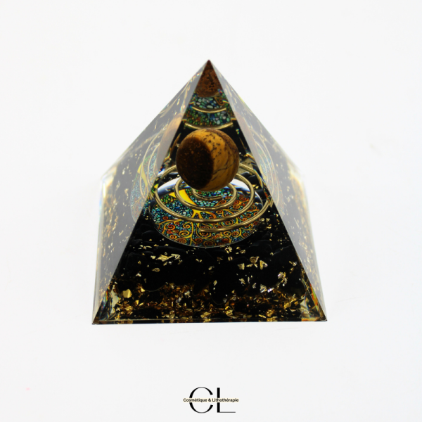 Orgonite pyramide Oeil de Tigre et Obsidienne Noire Arbre de Vie & Spirale Lithothérapie
