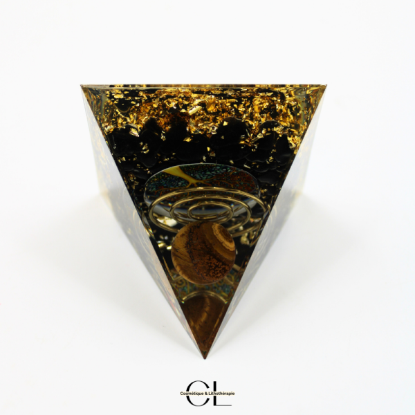 Orgonite pyramide Oeil de Tigre et Obsidienne Noire Arbre de Vie & Spirale Lithothérapie