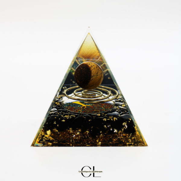 Orgonite pyramide Oeil de Tigre et Obsidienne Noire Arbre de Vie & Spirale Lithothérapie
