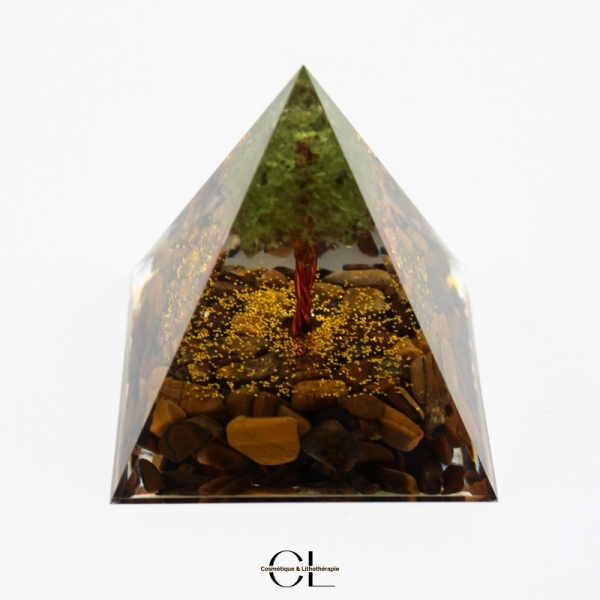 Orgonite pyramide Oeil de Tigre & Péridot Arbre de Vie