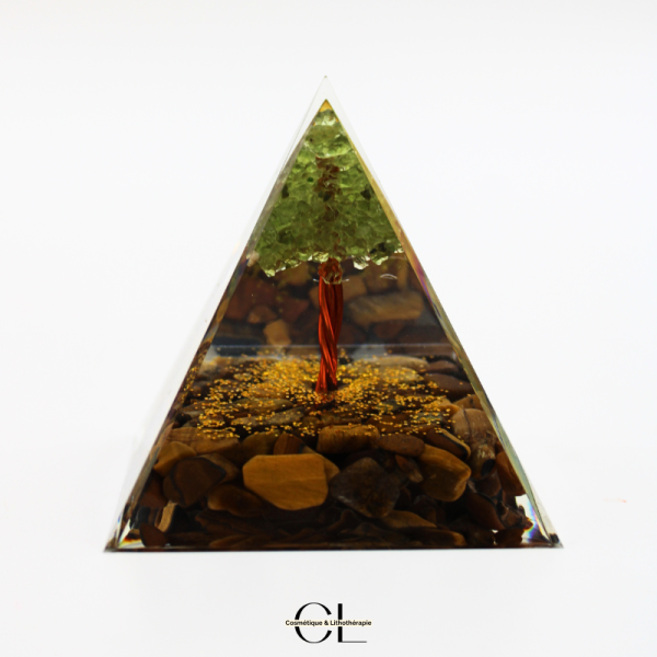 Orgonite pyramide Oeil de Tigre & Péridot Arbre de Vie