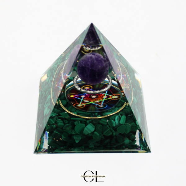 Orgonite pyramide Amethyste & Malachite Métatron