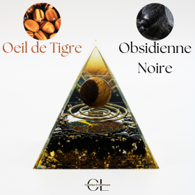 Orgonite pyramide Oeil de Tigre et Obsidienne Noire Arbre de Vie & Spi