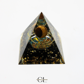 Orgonite pyramide Oeil de Tigre et Obsidienne Noire Arbre de Vie & Spi